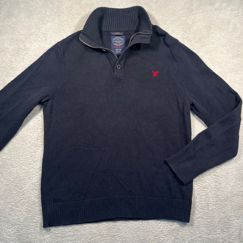 American Eagle Sweater Mens XXL Navy Blue Quarter Zip Mock Neck 100% Cotton